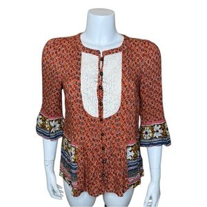 Maeve Hiver Button-front Floral Top Blouse 6 Small Rust Orange